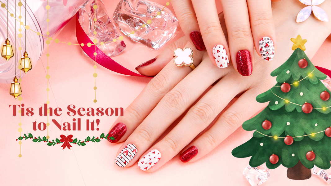 Nail art display with Christmas-themed decorations and text 'Tis the Season to Nail It!'.