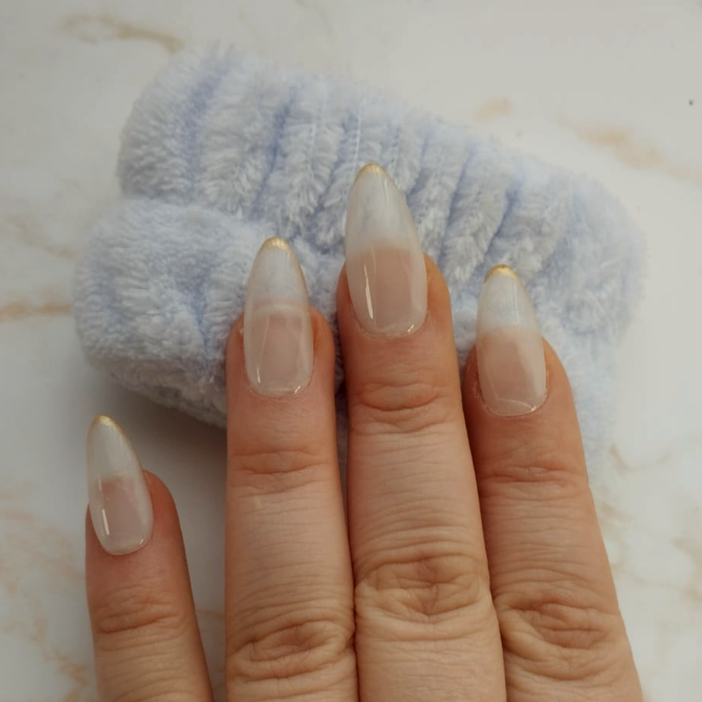 Aube French press-on nagels — draagfoto, premium narrow almond